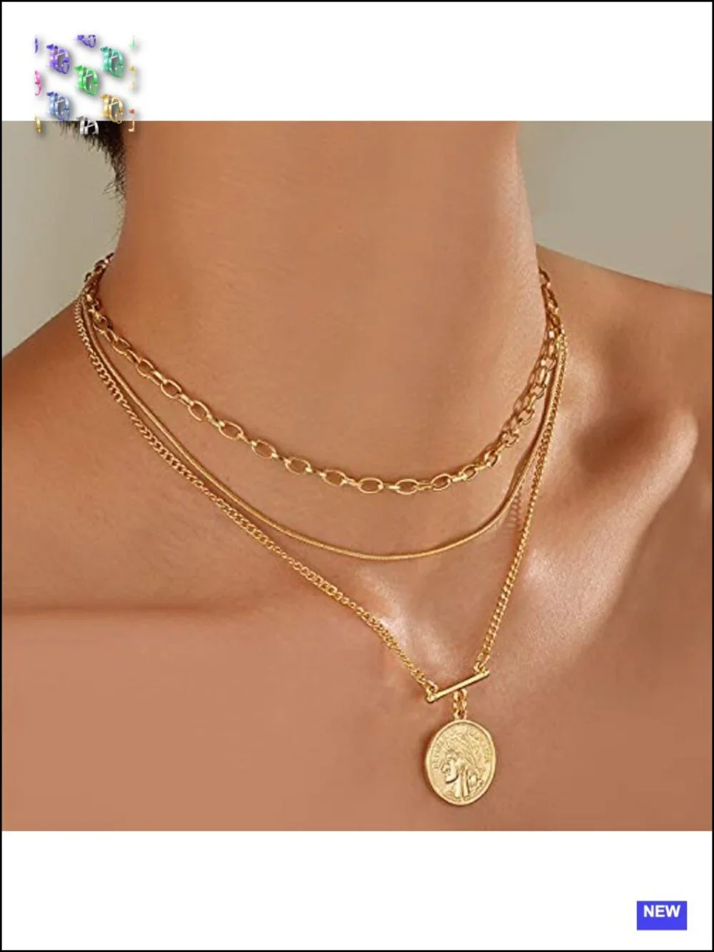 Gold Plated Multilayer Coin Medallion Necklace Set Adjustable Choker Chain